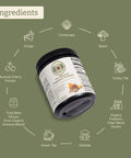 Image of the Organic GutRevive Ferment Fusion jar lying down, viewed from the top with the label clearly visible. Surrounding the jar is a circular arrangement of text listing the product's ingredients