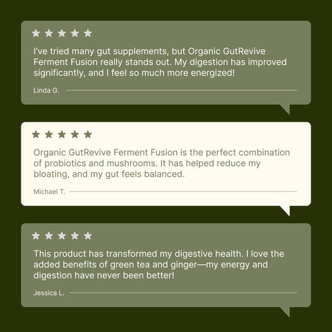 Three glowing 5-star reviews displayed in dialogue boxes against a dark green background