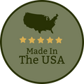USA Map with five golden stars underneath it. Below there's a text saying made in the USA.